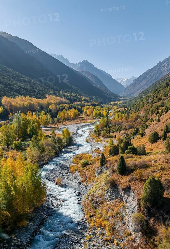 Aerial view, mountain stream Ala Archa flows through the Ala Archa valley, autumnal mountain landscape, Ala Archa National Park, Khirgiz Ala-Too Mountains, Chuy Region, Kyrgyzstan
