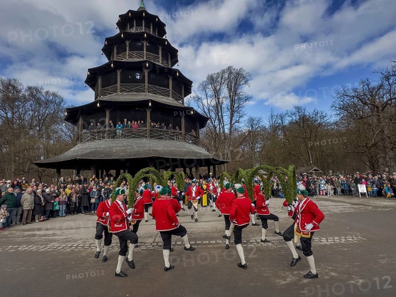 Schaeffler dance in 2026 in the English Garden, behind the Chinese Tower. The event takes place every 7 years between Epiphany and Shrove Tuesday, Munich, Bavaria, Germany