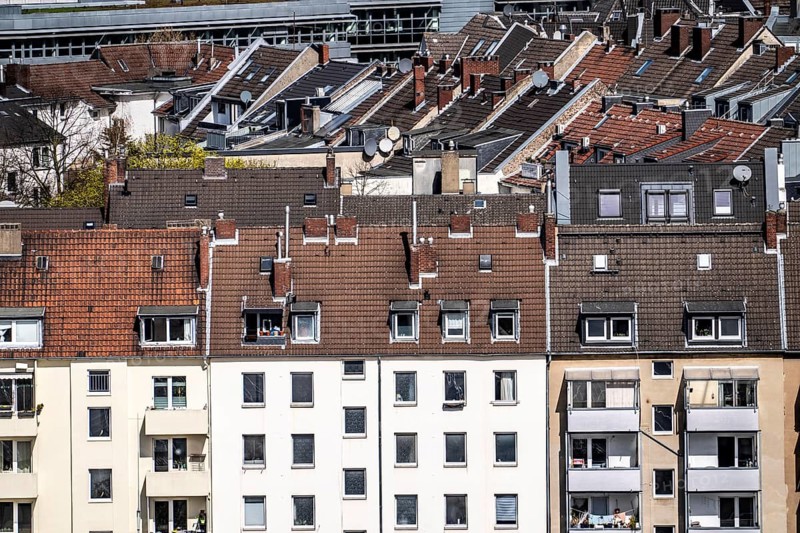 View of the roof landscape of residential buildings in downtown Düsseldorf, Friedrichstadt, North Rhine-Westphalia, Germany