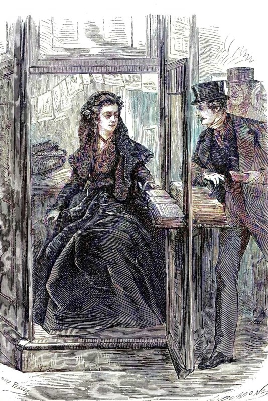 Newspaper seller in a small kiosk in 1869, Paris, France, Historic, digitally restored reproduction of an original 19th century print, exact original date unknown