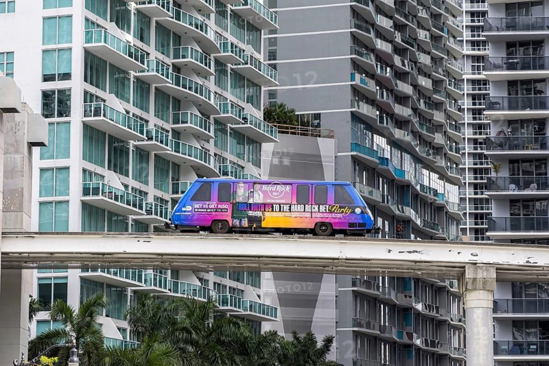 Miami Metromover People Mover train in the Brickell district of Miami, USA