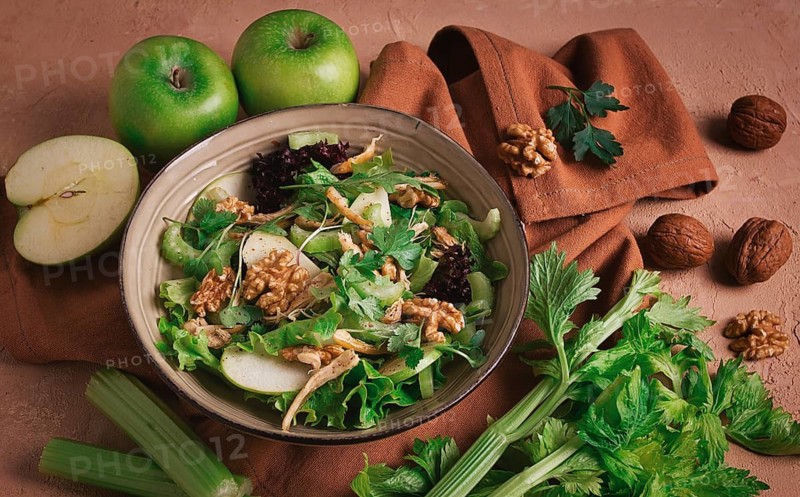Fresh, Waldorf salad, celery stalk with chicken, apple and walnut, grapes, herbs, homemade, no people
