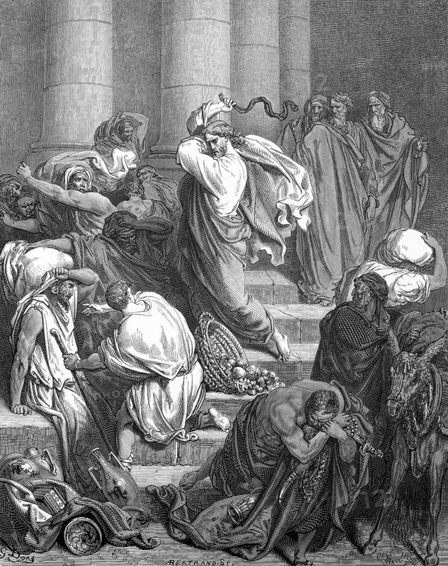 Jesus cleanses the temple, he expels traders, buyers and moneylenders, Mark chapter 11, verse 15, interior, cleansing, beating, eliminating, trading, money, finances, lending, borrowing, knocking over, basket, fruit, pottery, bowl, cloth, value, object, staircase, evil, anger, expulsion, abandonment, Holy Scripture, God, Christian religion, Bible, New Testament, Doré, historical illustration 1885