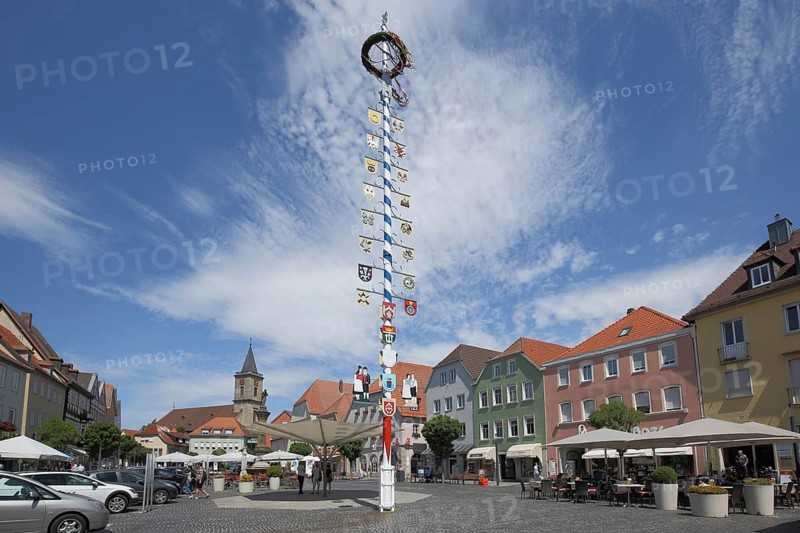 Market square with maypole, market square, Bad Neustadt an der Saale, Lower Franconia, Franconia, Bavaria, Germany