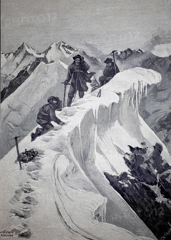 Mountaineers on the White Woman in the Bernese Oberland, Wyssi Frau, 1896, Switzerland, illustration, reproduction from a model from the 19th century. Authentic, file restored for optimal use, exact date of submission unknown, historical, mountaineer on a snowy peak in a winter scene