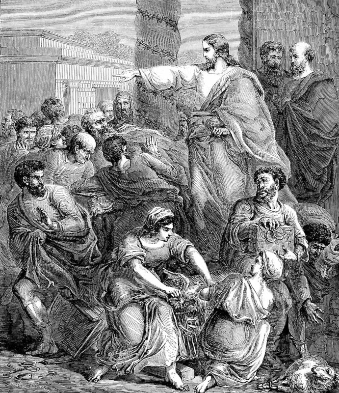 My house is supposed to be called a house of prayer, but you have turned it into a murder pit! chapter 21, verse 13, temple of God, buyer, seller, trade, money changers, dove sellers, tables, chairs, drive away, anger, fear, terror, run away, doves, sheep, woman, men, Matthew Gospel, New Testament, Bible, historical illustration 1850
