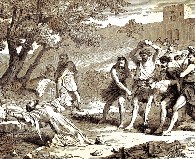 Lord Jesus, receive my spirit, stoning of Stephen, the Acts of the Apostles, chapter 7, verse 58, New Testament, city wall, tree, anger, martyr, throw stones, stone, kill, die, sin, clothes, Bible, historical illustration 1850