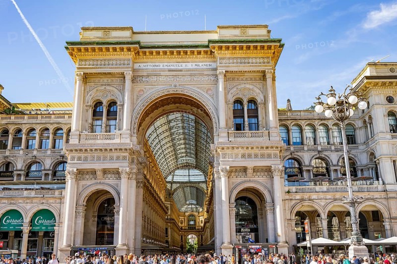 View of the Galleria Vittorio Emanuele in Milan on a sunny day, Milan, Italy