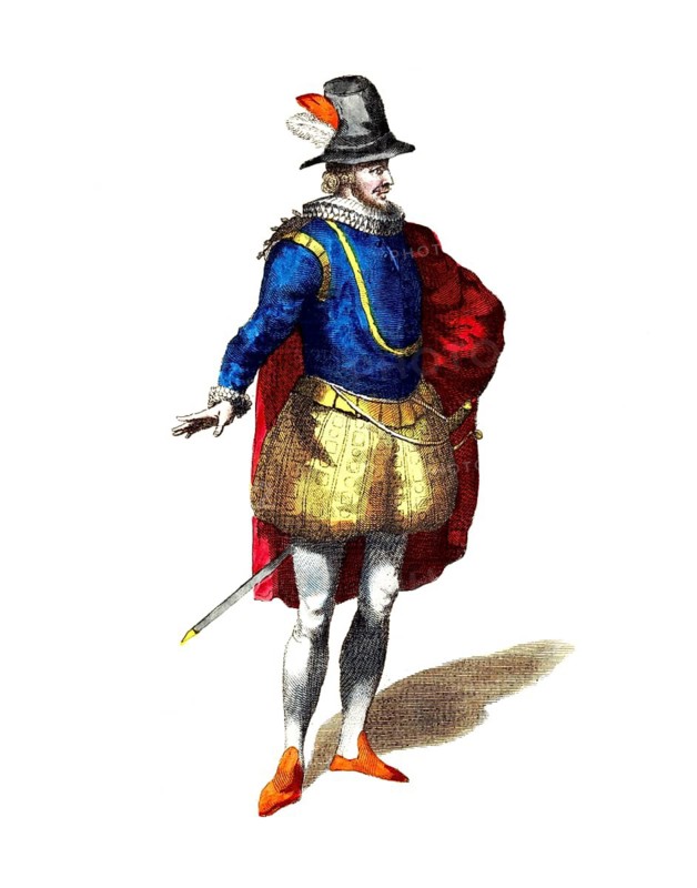 Historical clothing, fashion in the course of time, clothing of a Spanish nobleman in 1626, digitally restored reproduction of a model from the 18th/19th century, exact date unknown, man in blue and gold costume with sword and feathered hat on white background