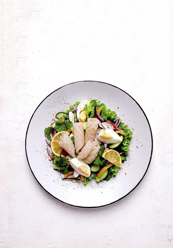 Salad of squid and vegetables, with egg, homemade, no people