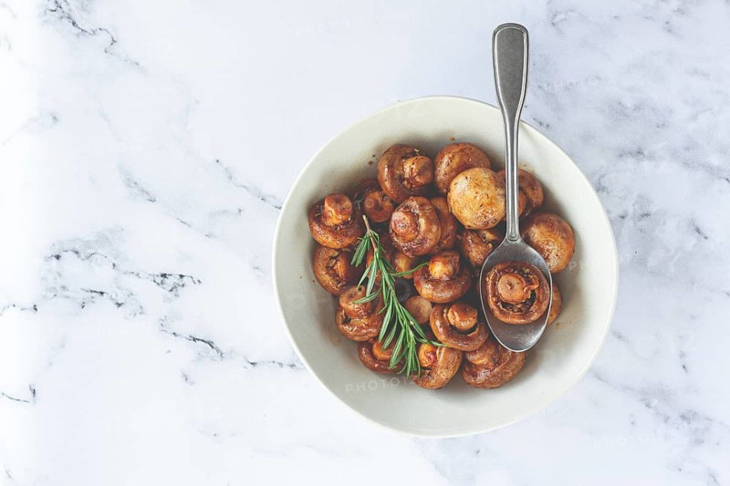 Fried mushrooms, with spices, in soy sauce, vegetarian food, homemade, no people