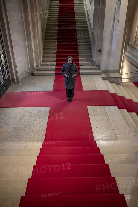 Woman Standing on Red Carpet on Staircase in Switzerland