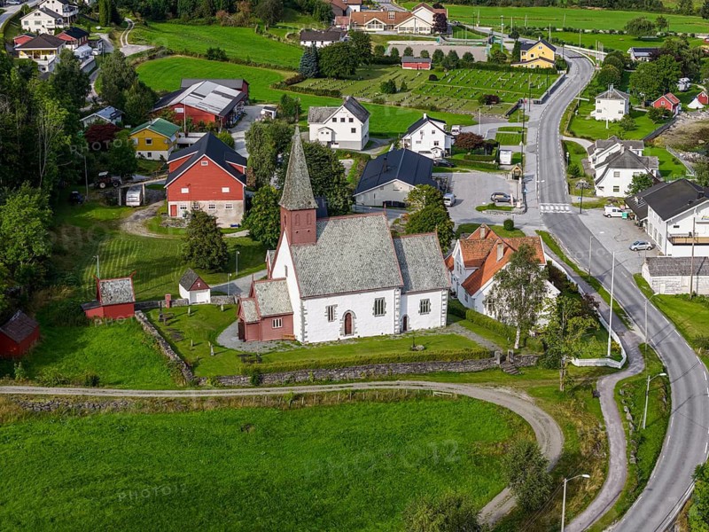 Historical church of Dalen at the Lustrafjord, inner branch of the Sognefjord, Sogn og Fjordane, aerial view, Norway