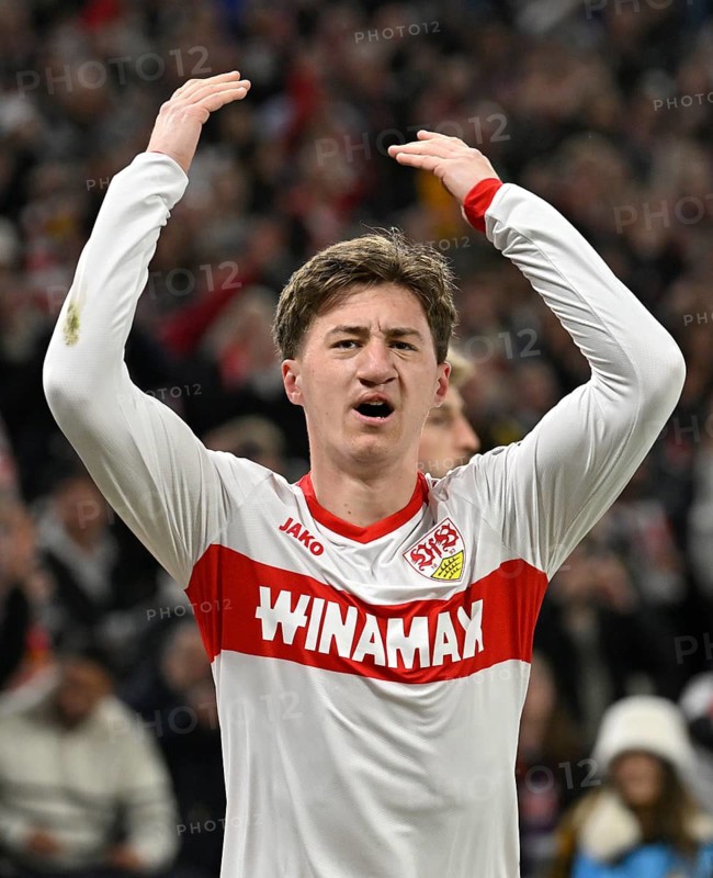 Goal celebration Angelo Stiller VfB Stuttgart (06) semi-final, DFB Cup, MHPArena, MHP Arena Stuttgart, Baden-Württemberg, Germany