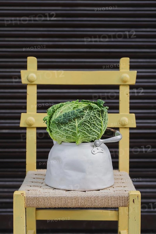 A fresh green cabbage sits in a rustic aluminum pot, placed on a woven seat of a yellow wooden chair. The backdrop is a horizontal striped metal shutter