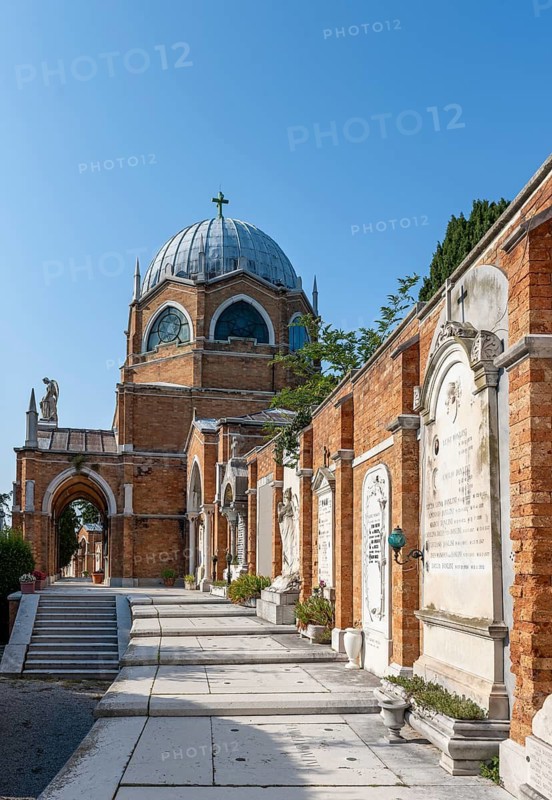 Graves on a wall, behind the dome of St Christopher's Church, San Michele cemetery island, Venice, Italy