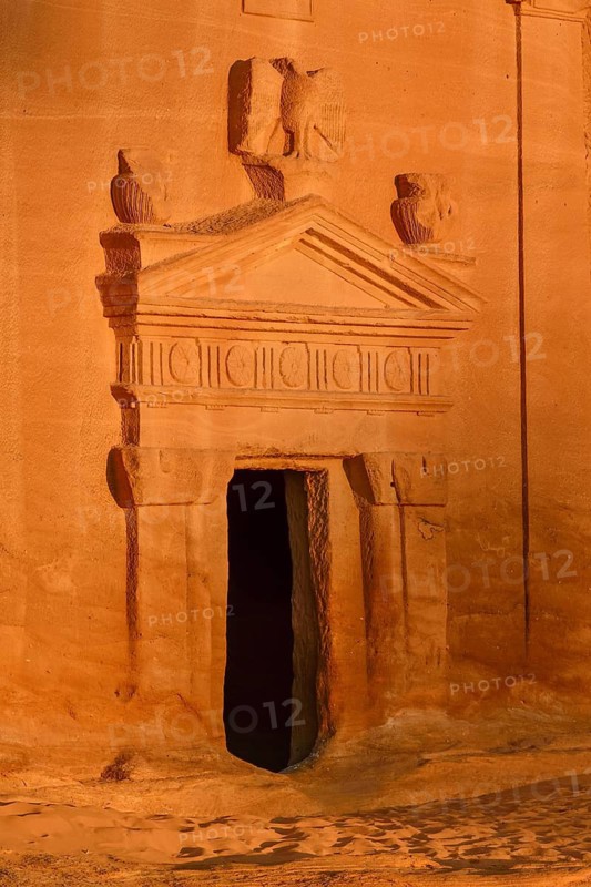 Nabataean tomb at Djabal Khraymat in first daylight, detail, Hegra or Madain Salih, AlUla region, Medina province, Saudi Arabia, Arabian Peninsula
