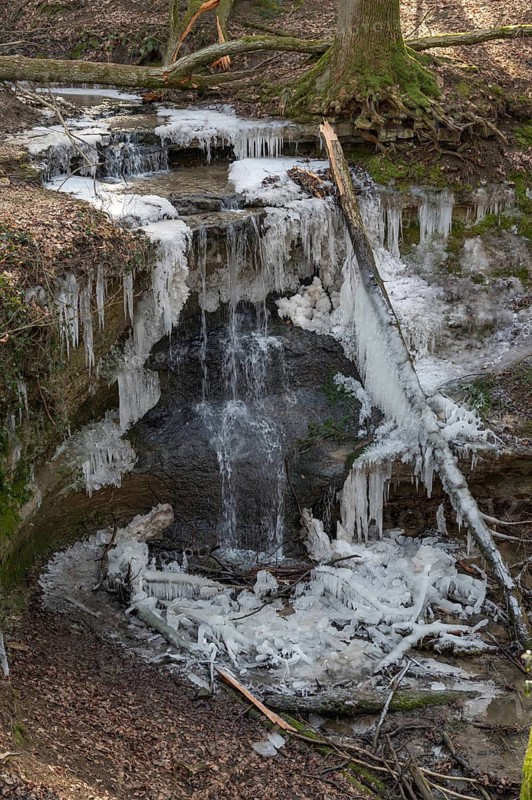 Frozen waterfall, Haimendorf, Middle Franconia, Bavaria, Germany