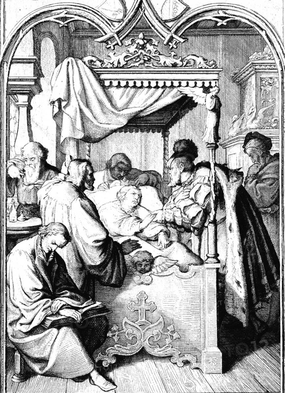 Elector Johann Friedrich of Saxony visits and comforts Martin Luther in Schmalkalden at his bedside, Duke, visit, group, illness, bed, doctor, comfort, suffering, religion, Christianity, year 1537, 16th century, historical illustration c. 1860