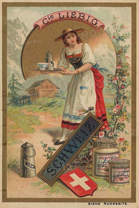 Picture series Drinks of the countries, Switzerland, milk, Liebig picture, digitally restored reproduction of a collector's picture from around 1900, public domain, exact date unknown, a woman in traditional Swiss traditional costume with milk churn and mountain landscape in the background