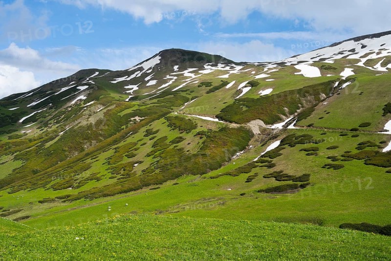 Green hills with snow-covered areas under blue sky and some clouds, Zagari Pass, Svaneti, Greater Caucasus, High Caucasus, Georgia