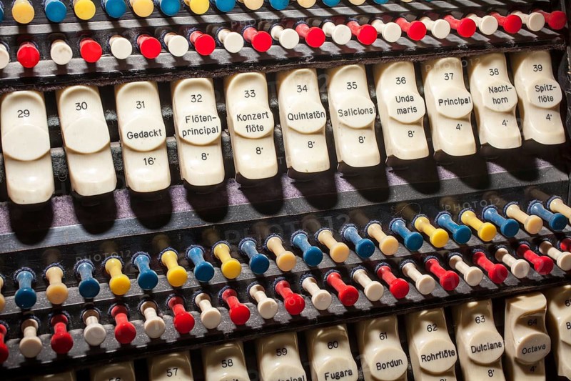 Detail of the console keydesk of an electric-action pipe organ by E. F. Walcker & Cie., op. 2150, 1927, Organ Museum Borgentreich, Höxter district, North Rhine-Westphalia, Germany