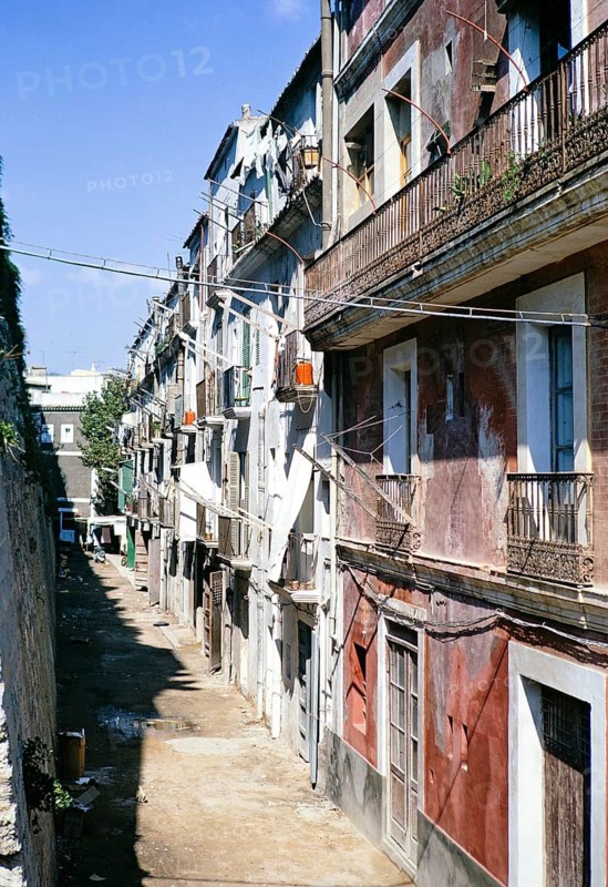 Historic building housing flats in terrace Ibiza town, Ibiza, Balearic Islands, Spain 1967