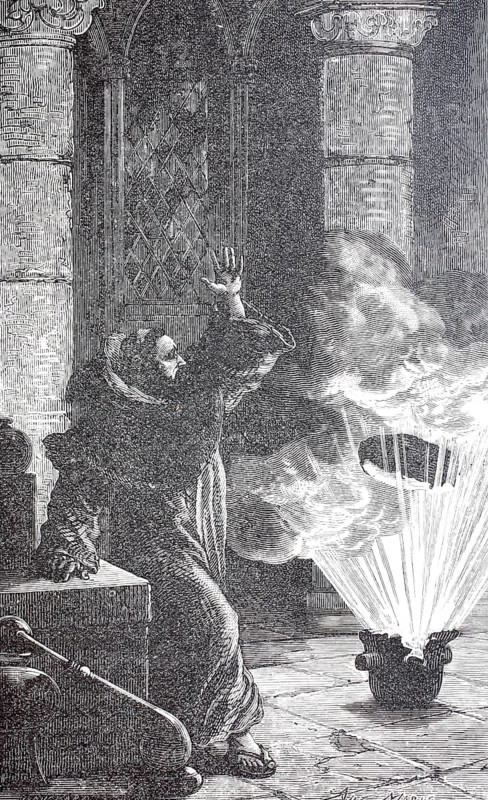 The monk Schwarz invents black powder. Berthold Schwarz, supposedly a Franciscan monk and alchemist from Freiburg im Breisgau in the 14th century. He is said to have discovered black powder by chance around 1359. Today, historians regard him as a fictitious figure and the invention of black powder and handguns or cannons attributed to him as a legend., digitally enhanced reproduction of a 19th century original, historical