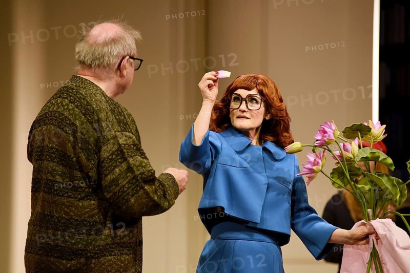 Joachim Krol (Wolfgang), Katharine Mehrling (Sophia), Sophia oder das Emde der Humanisten, German premiere, photo rehearsal on 11.03.2026 at the Renaissance Theatre, Berlin, premiere on 15.03.2026