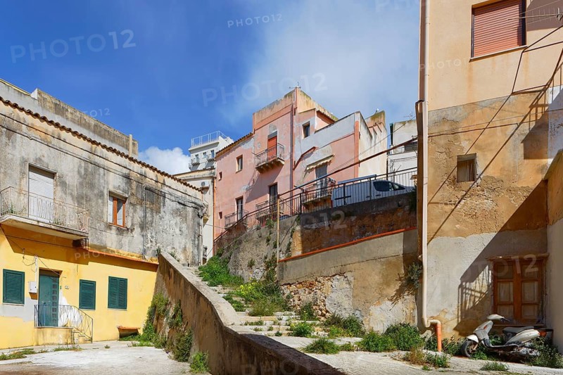Houses, nested, staircase with vegetation, vespa, morbid, picturesque, historical center, old town, Sciacca, port city, thermal bath, free community consortium Agrigento, Sicily region, Italy, Mediterranean