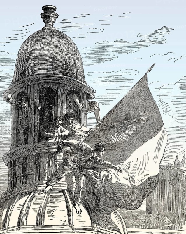 The French Revolution of 1830, July Revolution, raising the flag, Hôtel de Ville, Paris