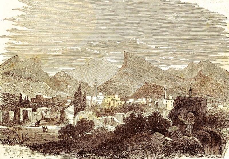 Ulascher or Alasehir Manisa Turkey, ancient Philadelphia, the revelation of the Apostle John, chapter 3, verse 7, New Testament, key, David, true, unlock, mountainous landscape, cityscape, mosques, ruins, Bible, historical illustration 1850