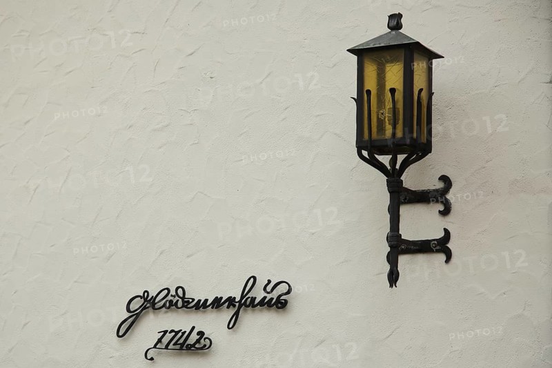 Lantern at Glöcknerhaus 1742, year, inscription, cursive, Michelstadt, Odenwald, Hesse, Germany