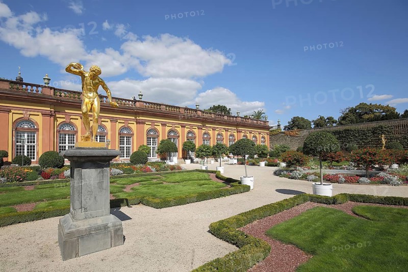Golden Satyr Zimbelspieler, statue in the baroque palace garden, orangery, castle, Weilburg, Taunus, Hesse, Germany