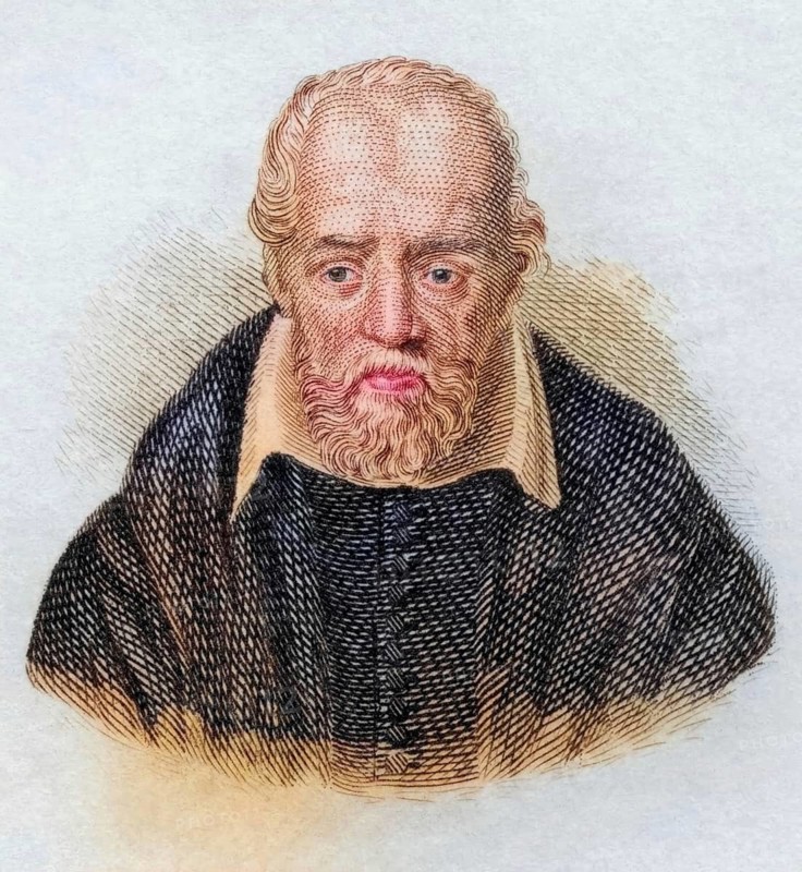 George Buchanan, (born February 1506 near Killearn, Stirlingshire, died 28 September 1582 in Edinburgh) was a Scottish humanist philosopher, poet and historian, coloured woodcut from Crabbe's Historical Dictionary from 1825, Historical, digital reproduction
