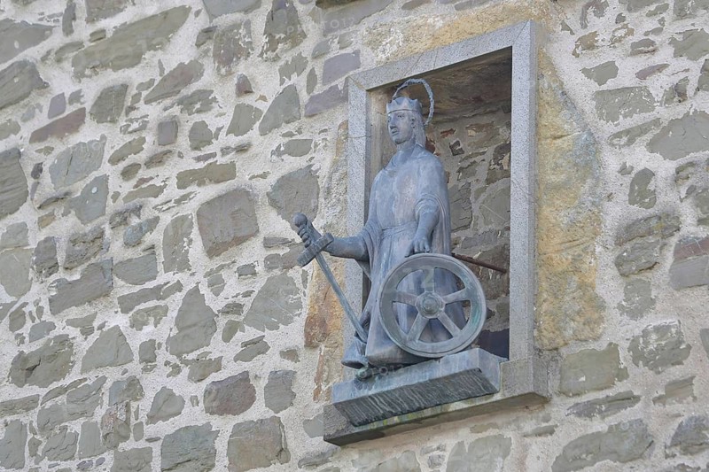 Saint Catherine of Alexandria sculpture with sword and wheel, Katharinenturm, City of Blankenberg, Hennef, Bergisches Land, North Rhine-Westphalia, Germany