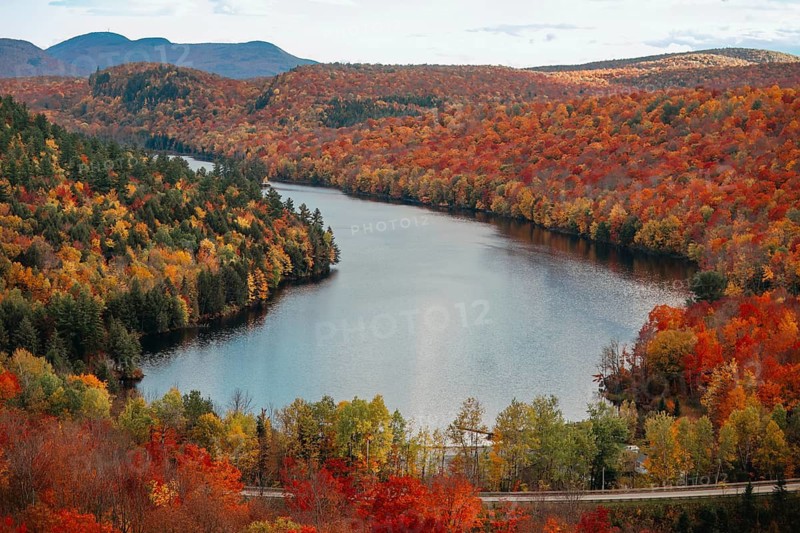 Stunning view of Quebec's autumn landscape with a serene river winding through vibrant forests. Brilliant hues of orange, red, and yellow showcase nature's breathtaking beauty