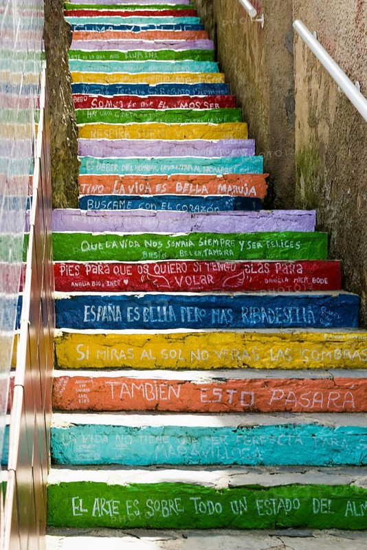 Art project with colourful steps, Escalera de colores, Ribadesella, Asturias, Asturias, Costa Verde, Northern Spain, Spain