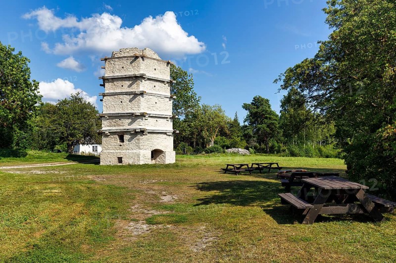 Historic lime kiln in a meadow, stone industry, museum, industrial monument, Barläst, Lärbro, island of Gotland, Sweden