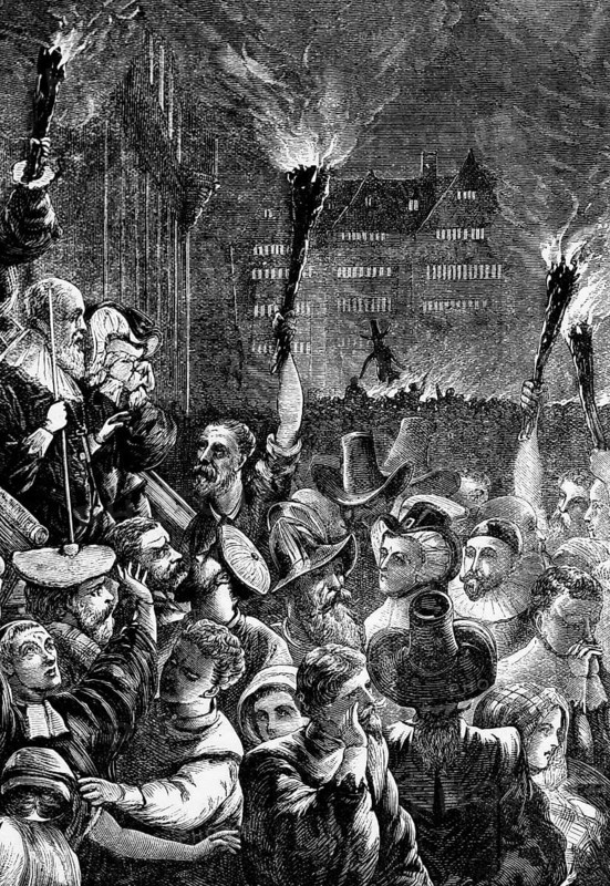 Guy Fawkes Night in 1611. Also known as Bonfire Night, this is an annual event, mainly in England, to commemorate the events of 5 November 1605, when Guy Fawkes, a member of the Gunpowder Plot, was arrested while guarding explosives that the conspirators had planted under the House of Lords, digital reproduction of a historical original