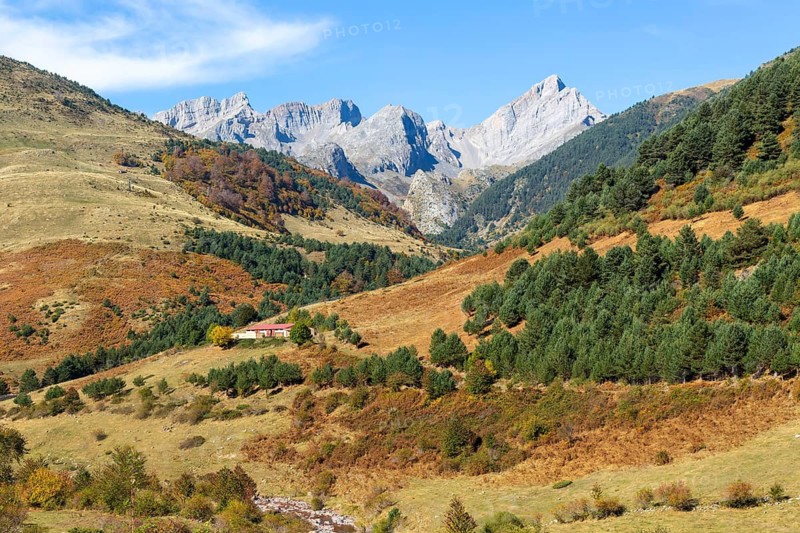 Mountain landscape Guarrinza - La Mina, Aragon Subordan river valley, Parque Natural Valles Occidentales, Hecho, Pyrenees Mountains, Aragon, Spain