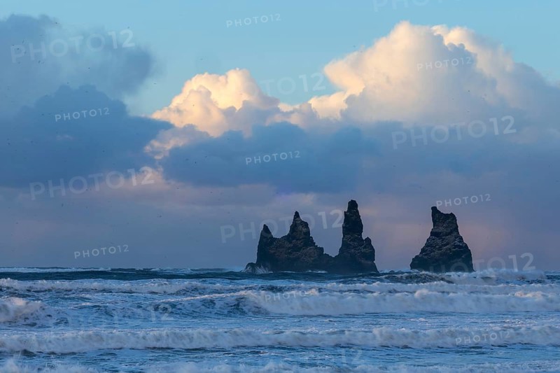 Reynisdrangar pinnacles, waves, sea, clouds, winter, Vik, Iceland, Scandinavia