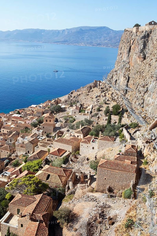 Byzantine castle town of Monemvasia, Monemvassia, Monemwassia, Monembasia, in the Myrtoan Sea, Laconia, Peloponnese, Greece