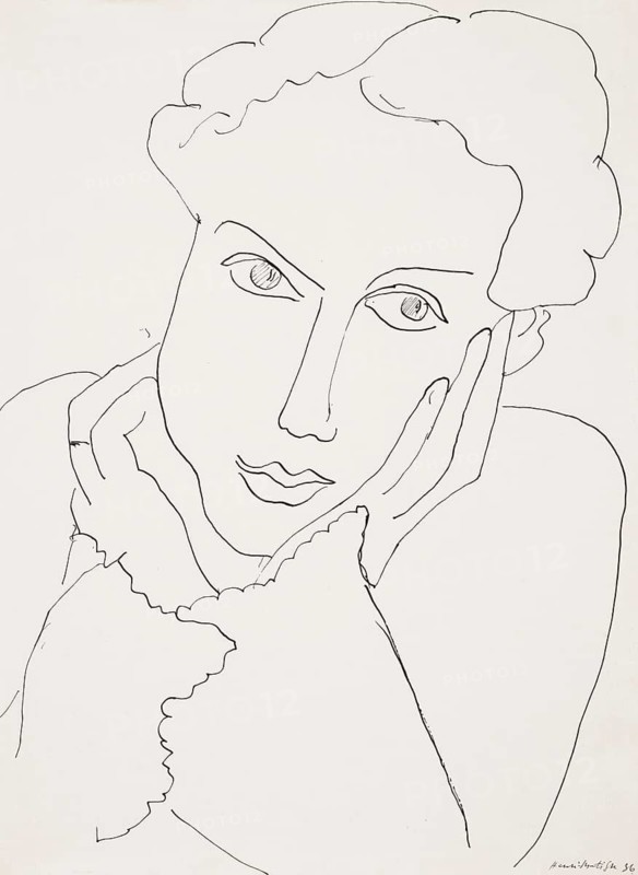 Henri Matisse, Henri Emile Benoit Matisse (born 31 December 1869, died 3 November 1954 in Cimiez), French painter, graphic artist, draughtsman, Classical Modernist. Here his work:, Femme pensive (1936), Woman deep in thought, Pensive woman, Painting, Reproduction of the painting, Work of art, Historical, Minimalist portrait of a pensive face in black and white lines
