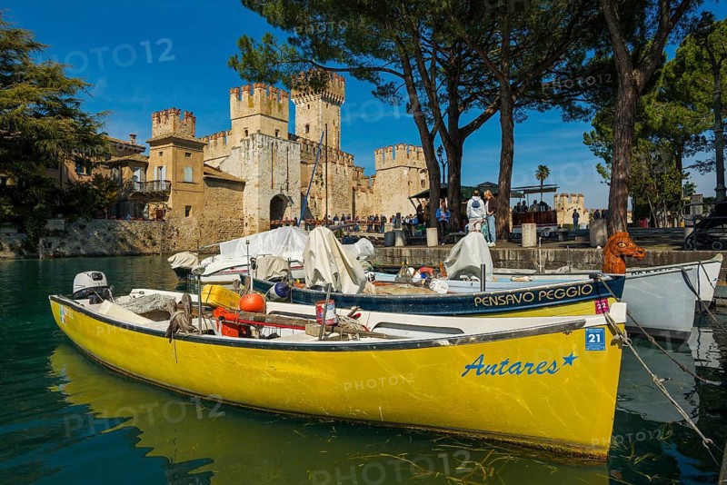 Medieval lakeside castle, Castello Scaliger, Scaliger Castle, Sirmione, Lake Garda, Brescia province, Lombardy region, Italy