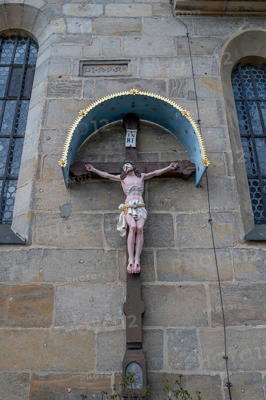 Jesus cross at the church of St Walburga, Kirchröttenbach, Middle Franconia, Bavaria, Germany