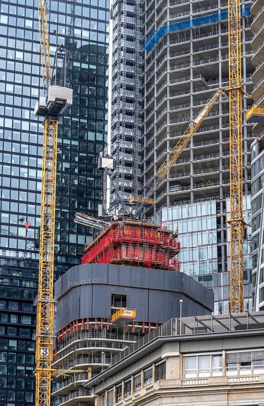 Construction site of the FOUR construction project, 4 high-rise towers at Roßmarkt in Frankfurt am Main, will be up to 228 metres high, with 59 storeys, for use as office buildings, flats, hotels and restaurants, Hesse, Germany