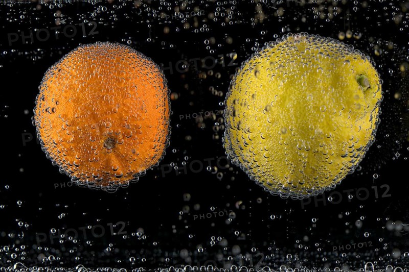 Lemon (Citrus × limon), mandarin (Citrus reticulata), with air bubbles in the water, Germany