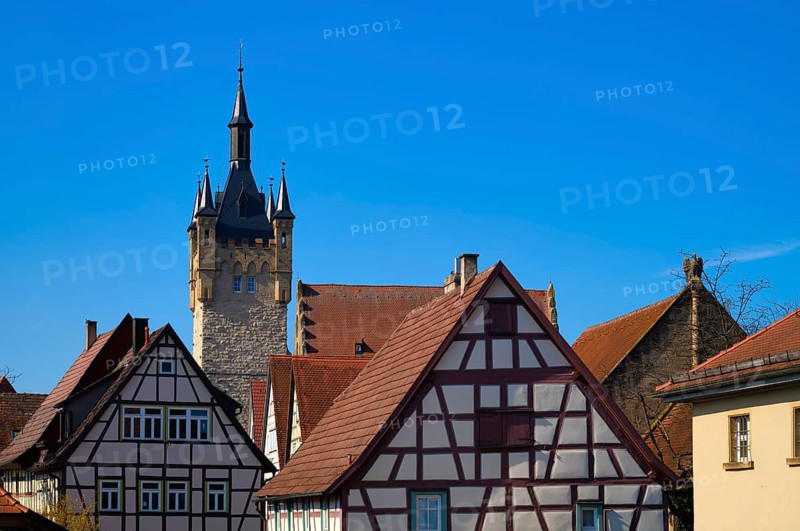 Blue Tower, keep, half-timbered house, Burgviertel, Altstadt, Bad Wimpfen, Kraichgau, Baden-Württemberg, Germany