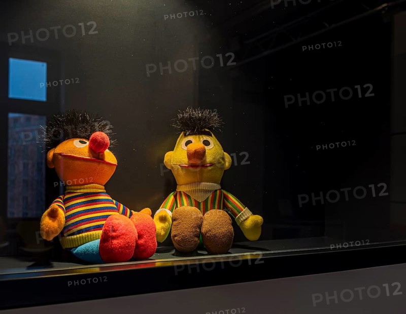 Sesame Street, Ernie and Bert rag dolls behind glass in the Museum of Communication, Berlin, Germany